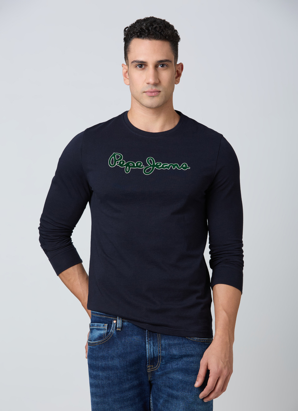 Men Navy Logo Print Full Sleeve T-shirt, , large image number 0