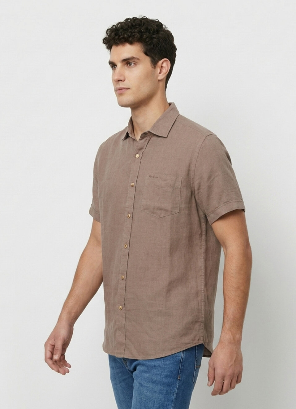 Men Brown Solid Pure Linen Short Sleeve Shirt, , large image number 3