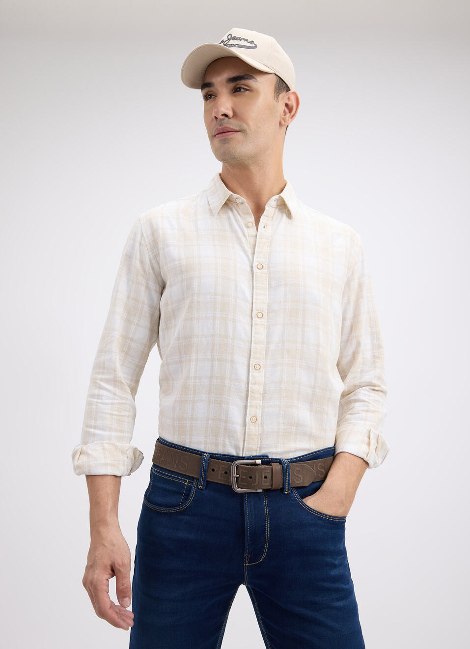 Men Beige Check Full Sleeve Shirt, , large image number 0