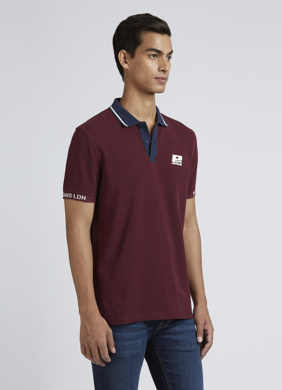 Burgundy Contrast Ribbed Collar Short Sleeves Polo, , large image number 3