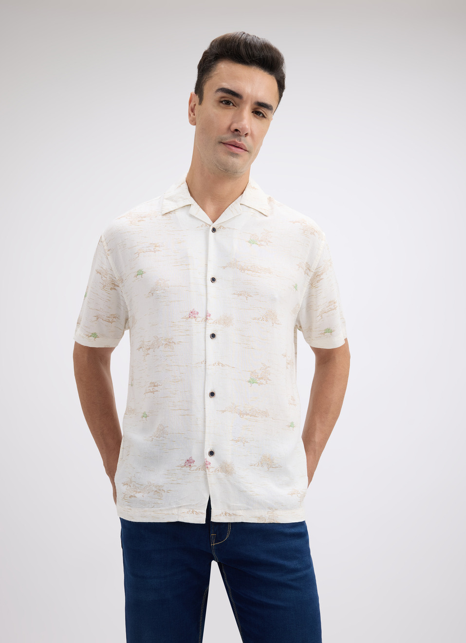 Men Floral Print Resort Collar Short Sleeve Linen Shirt, , large image number 0