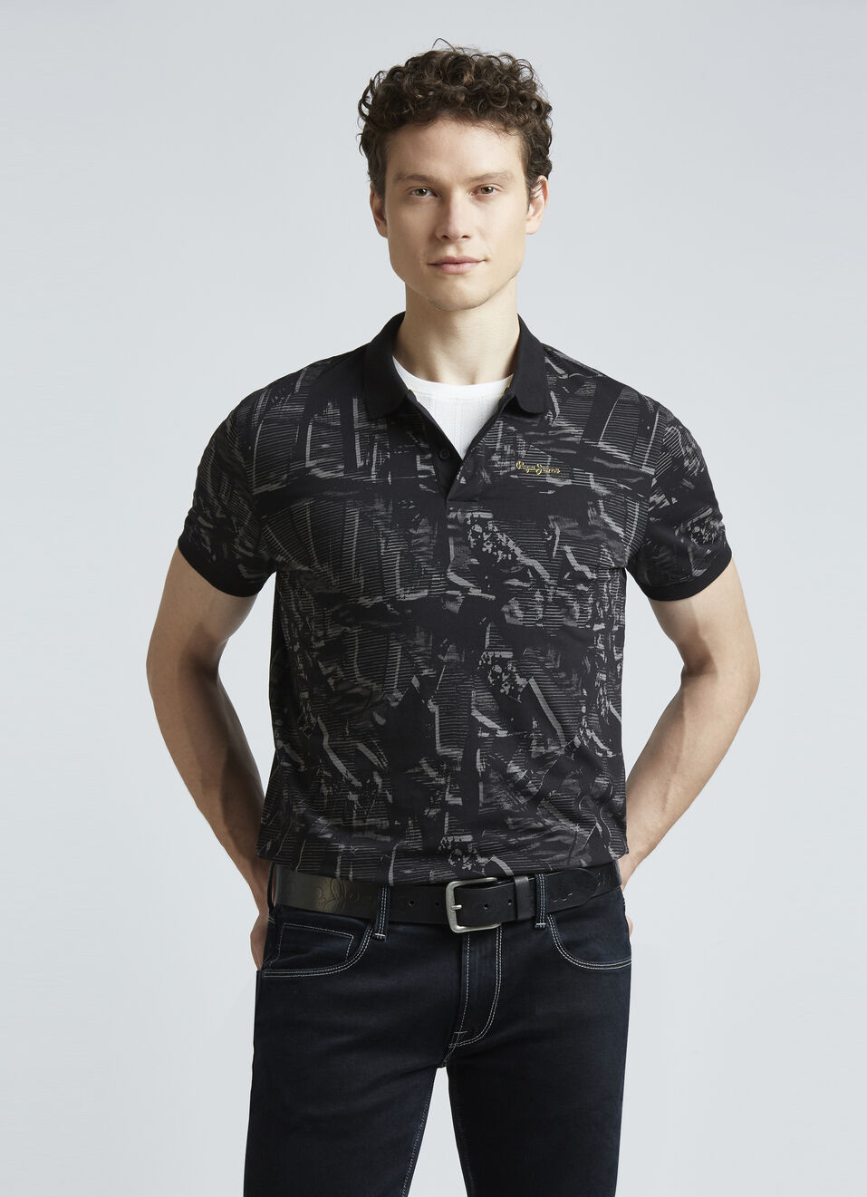 Black Abstract Print Short Sleeve Polo, , large image number 0