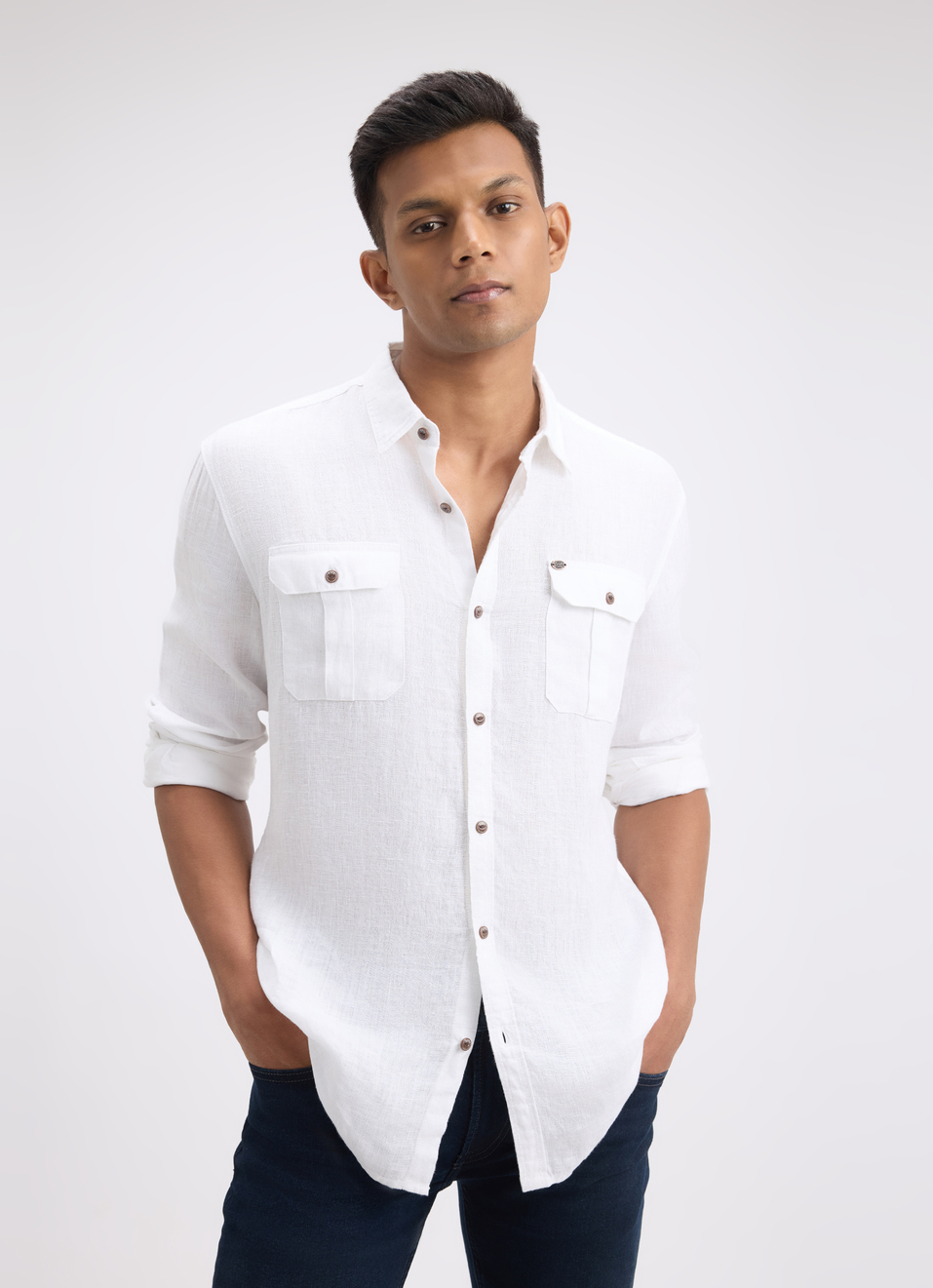 Men White Solid Regular Fit Linen Shirt, , large image number 0