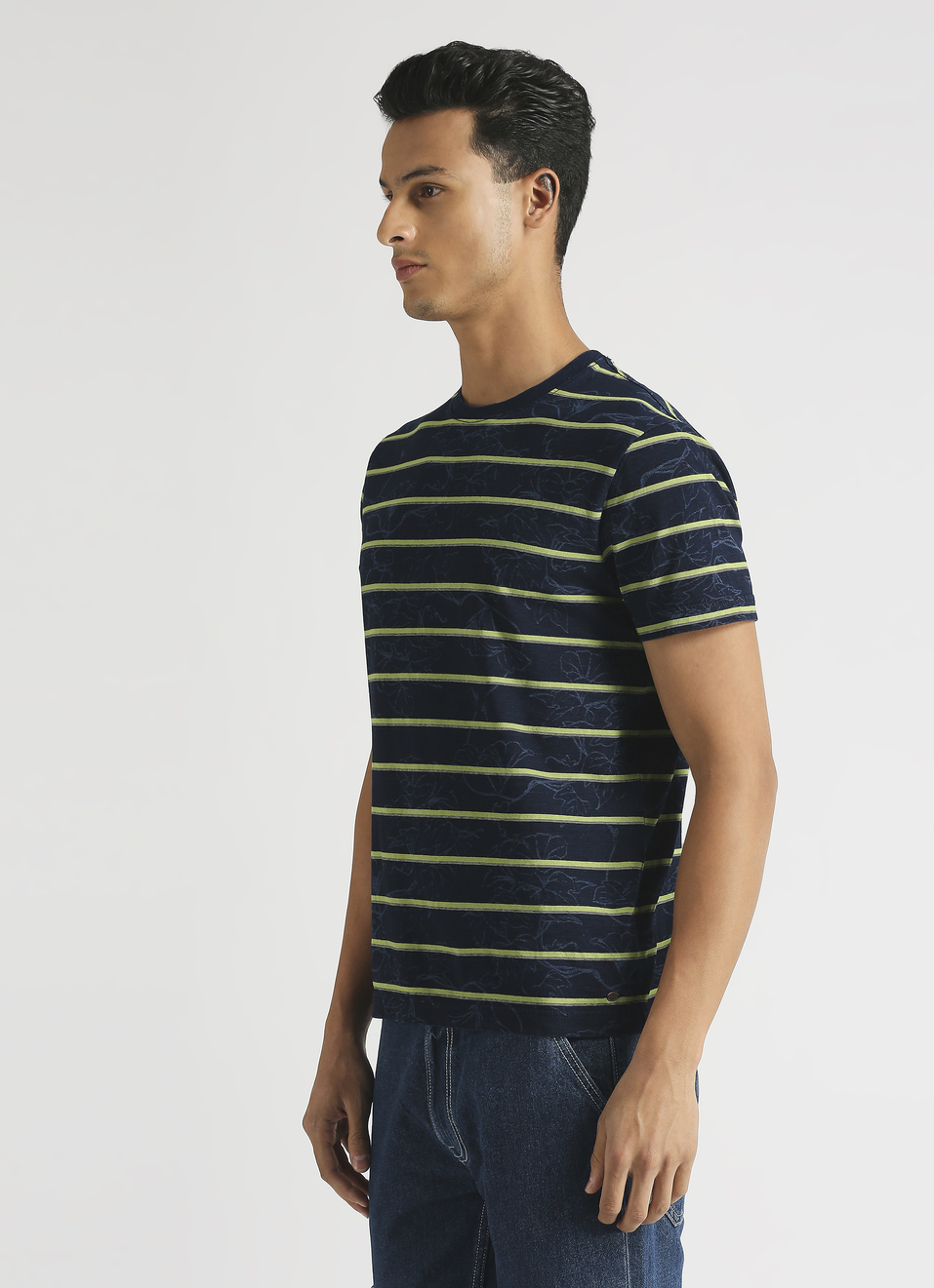 Indigo Tropical Print Stripe Short Sleeve T-shirt, , large image number 3