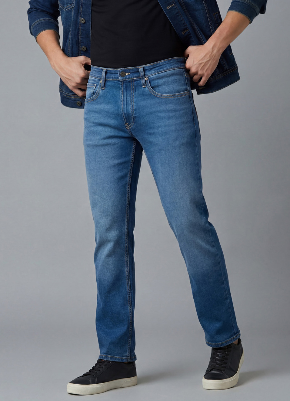 Men Blue Mid Rise Straight Fit Stretchable Jeans, , large image number 0