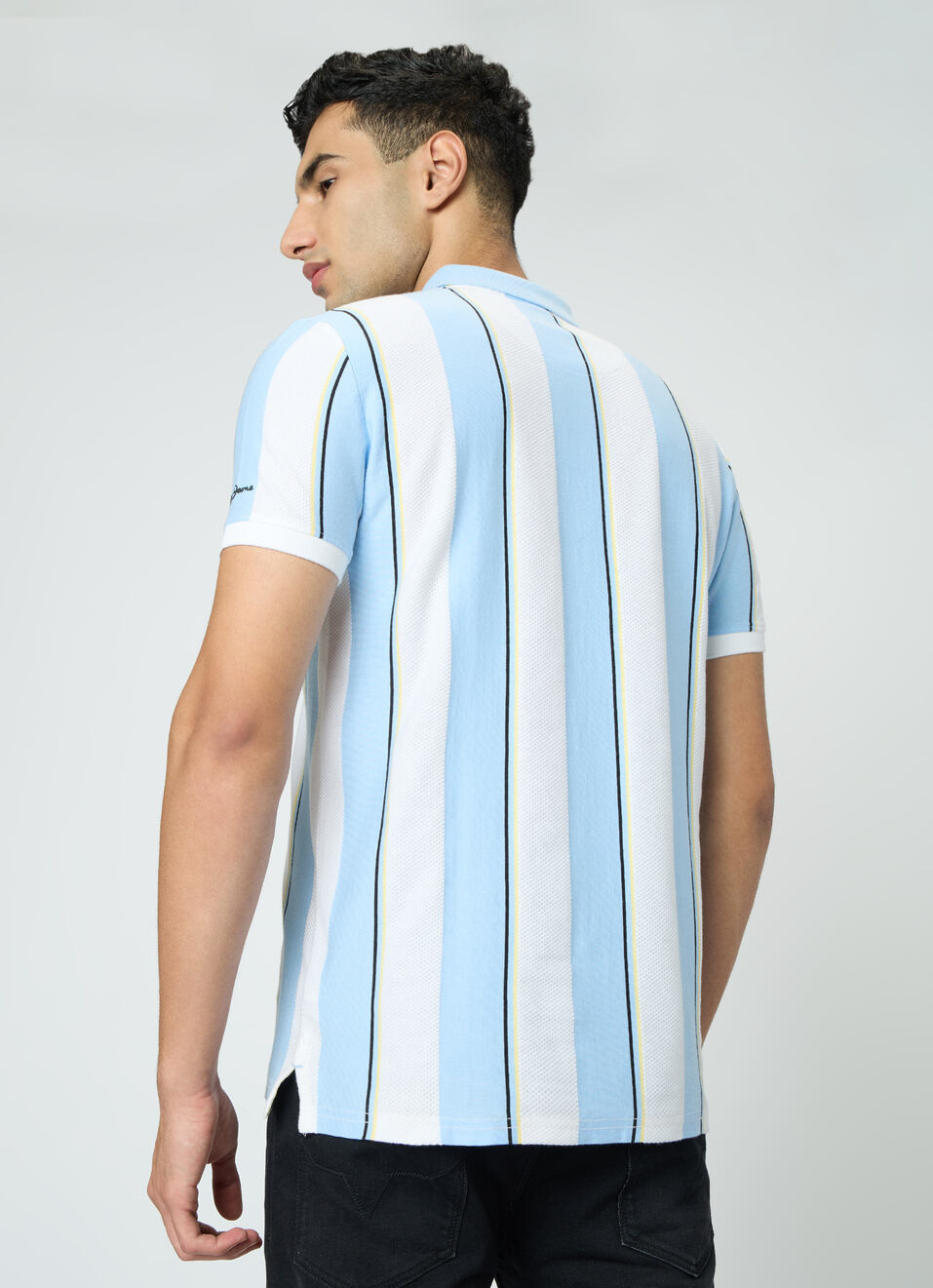 Men Blue Striped Polo Collar T-shirt, , large image number 2