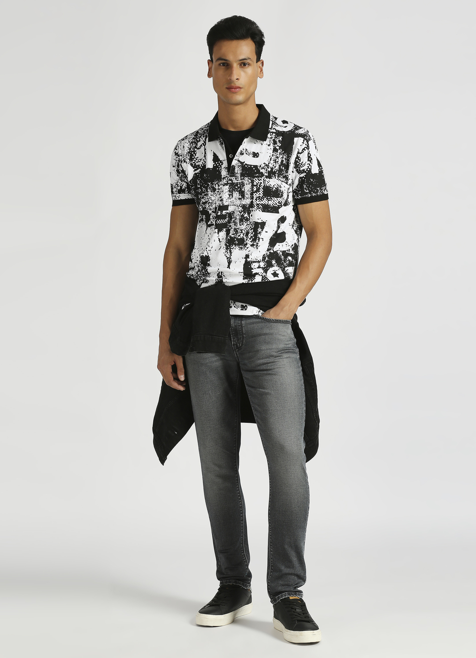 Black Typographic Print Stretch Short Sleeve Polo , , large image number 5