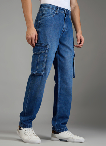 Men Blue Medium Dark Used Straight Fit Mid Rise Cargo Jeans