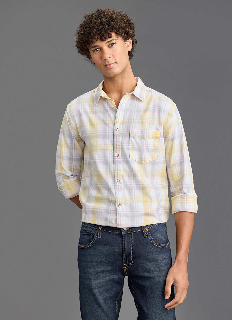 Men Yellow Checked Regular Fit Full Sleeve Casual Shirt, , large image number 5