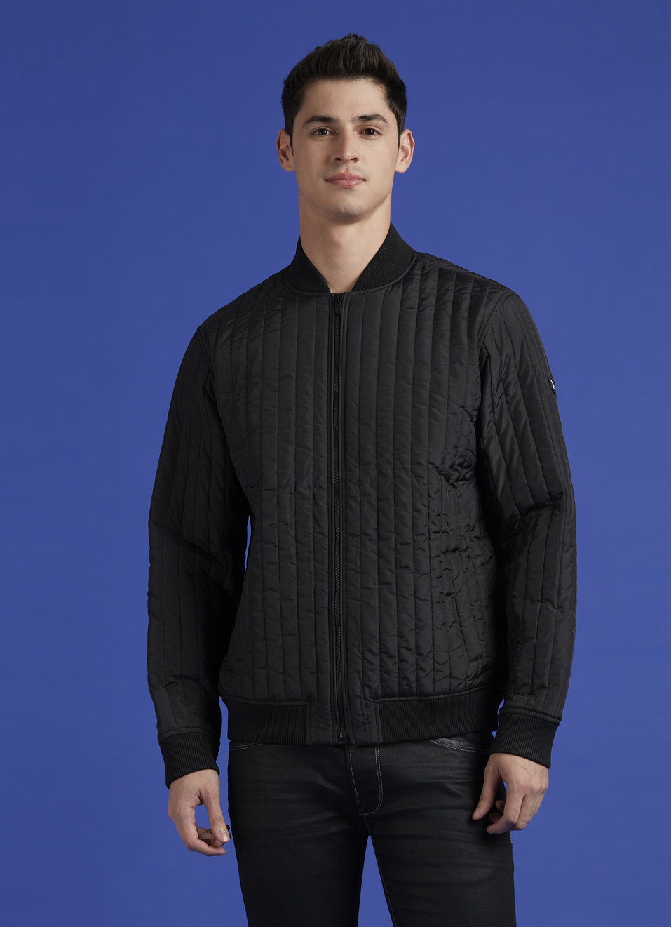 Black High Neck Full Sleeve Bomber Jacket, , large image number 1