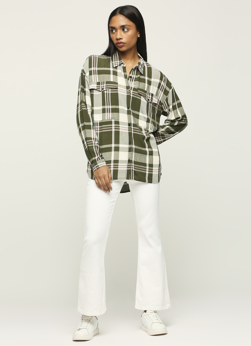 Green Checks Long Sleeve Oversized Shirt, , large image number 5
