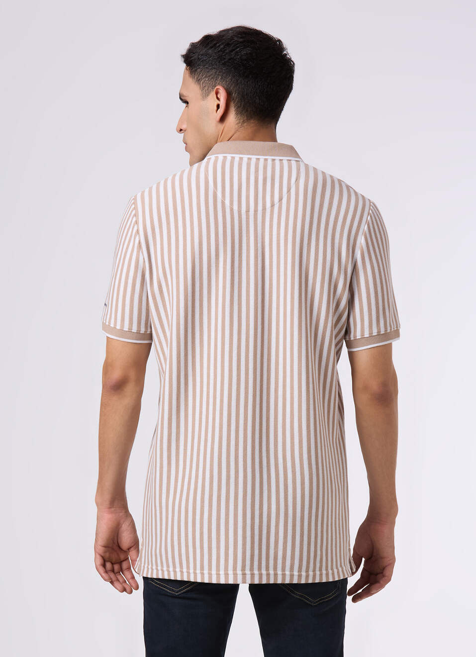 Men Beige Striped Polo Collar T-shirt, , large image number 2
