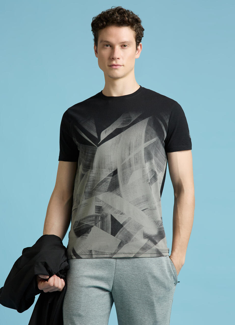 Black Abstract Print Short Sleeves T-shirt, , large image number 0