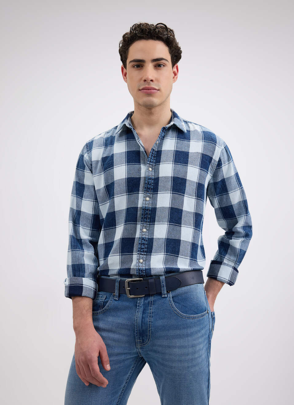 Men Indigo Check Full Sleeve Shirt, , large image number 0
