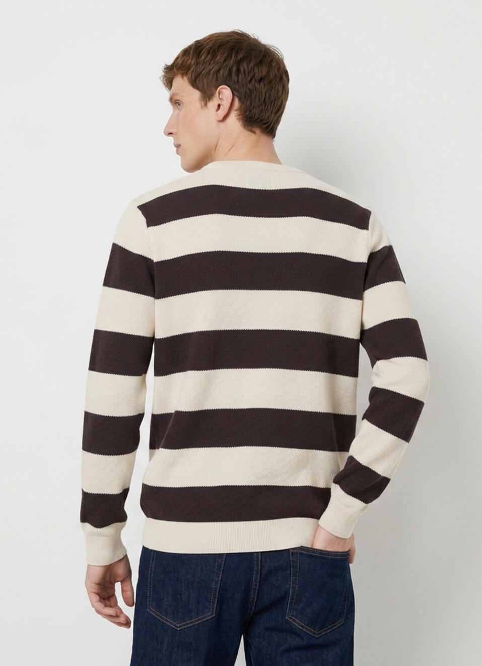 Men Brown Striped Full Sleeve Flat Knit Sweater, , large image number 2