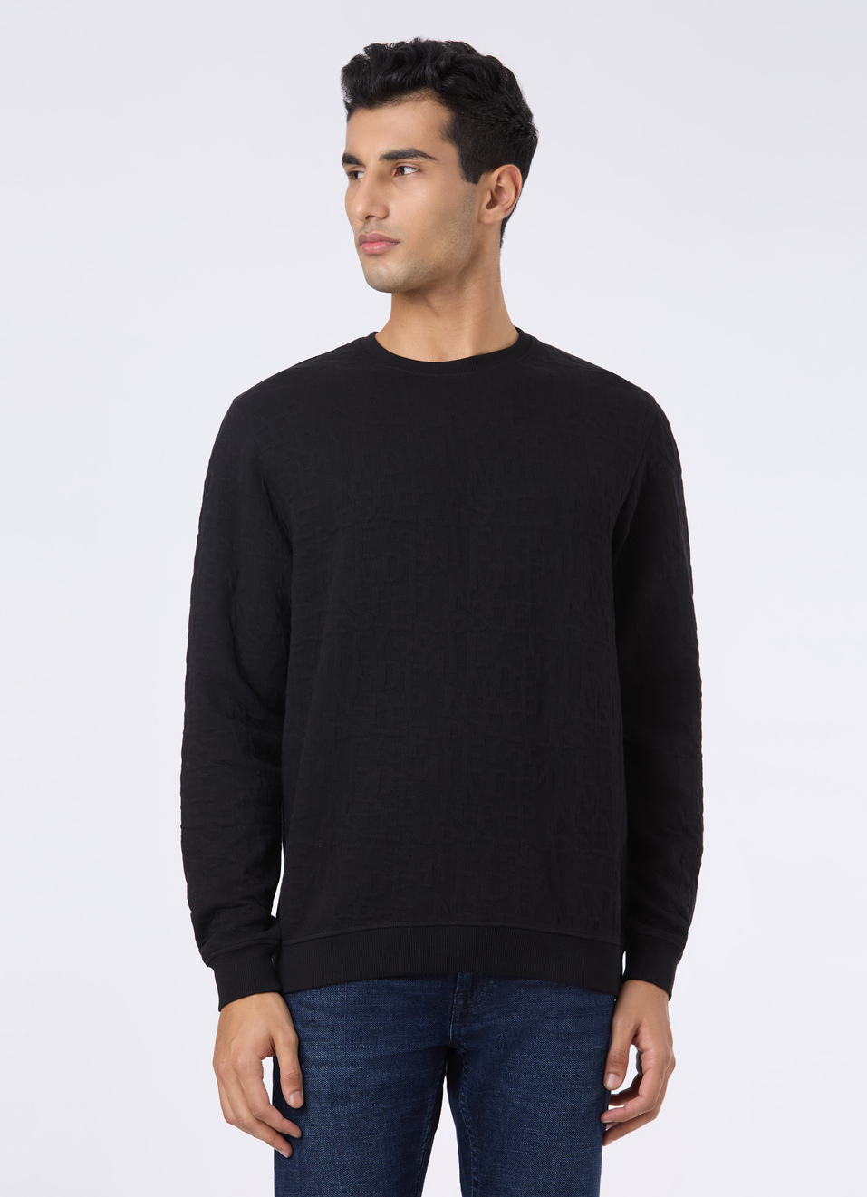Men Black Self Textured Regular Fit Sweatshirt, , large image number 1