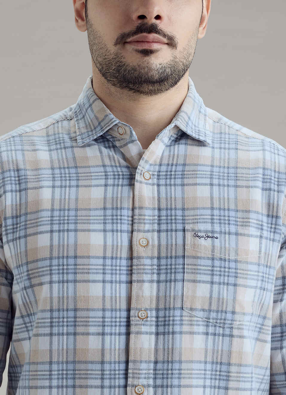 Men Blue Checked Corduroy Long Sleeve Shirt, , large image number 4