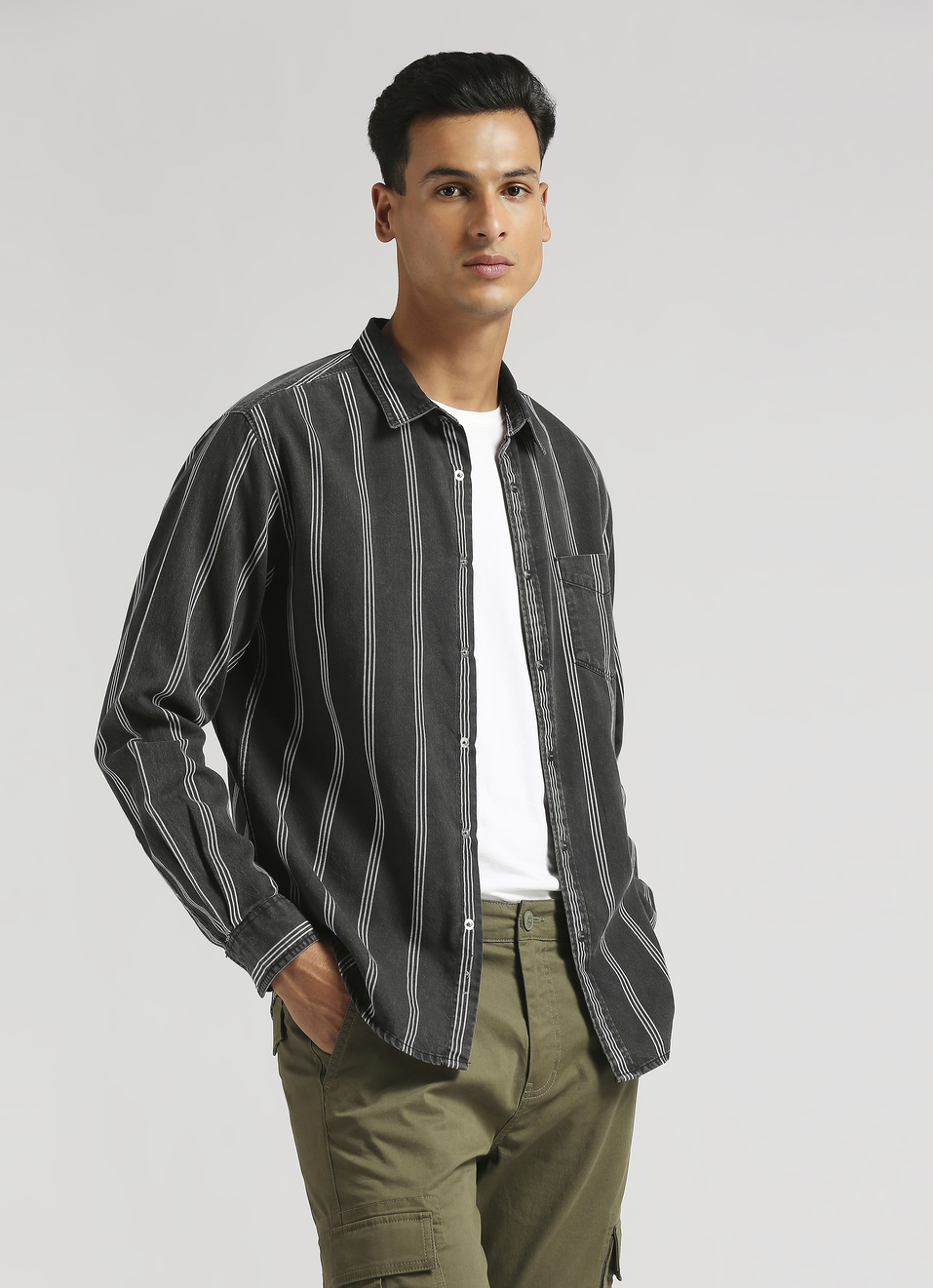 Black Yarn Dyed Sulphur Stripes Long Sleeve Shirt, , large image number 0