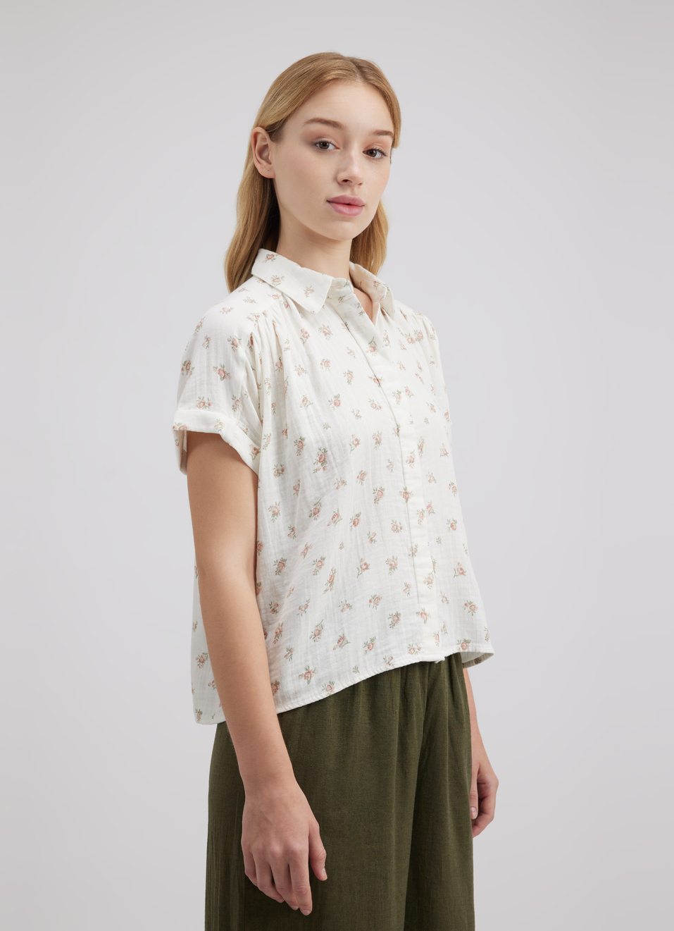 Women White Floral Print Short Sleeve Shirt, , large image number 2