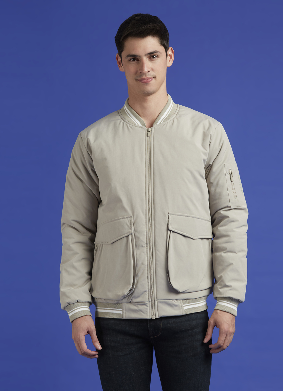 Beige Ribbed Neck Full Sleeve Jacket, , large image number 1