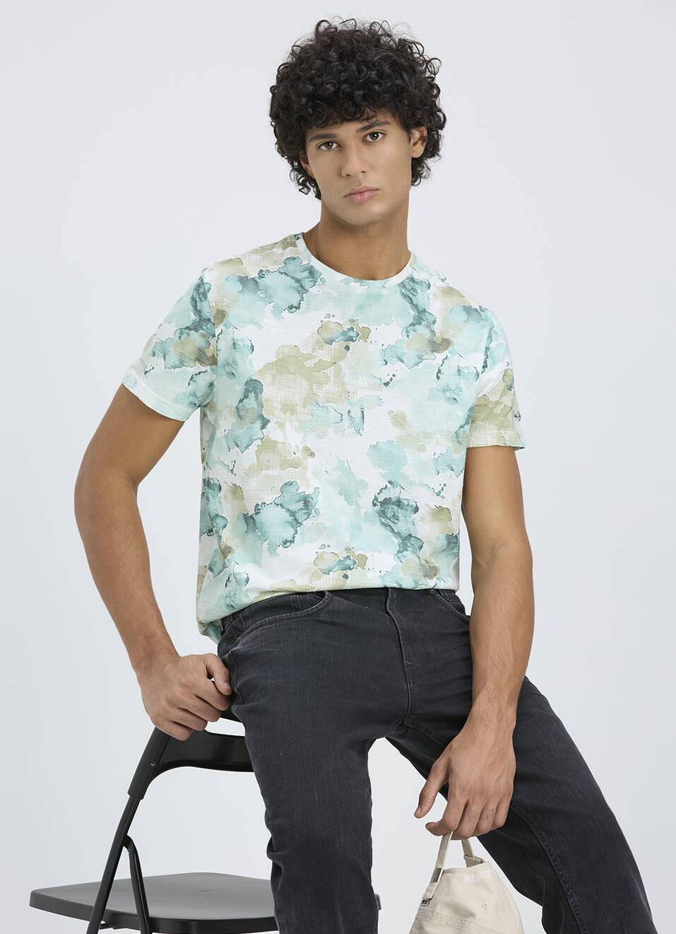 Men Beige Abstract Print Short Sleeve T-shirt, , large image number 0