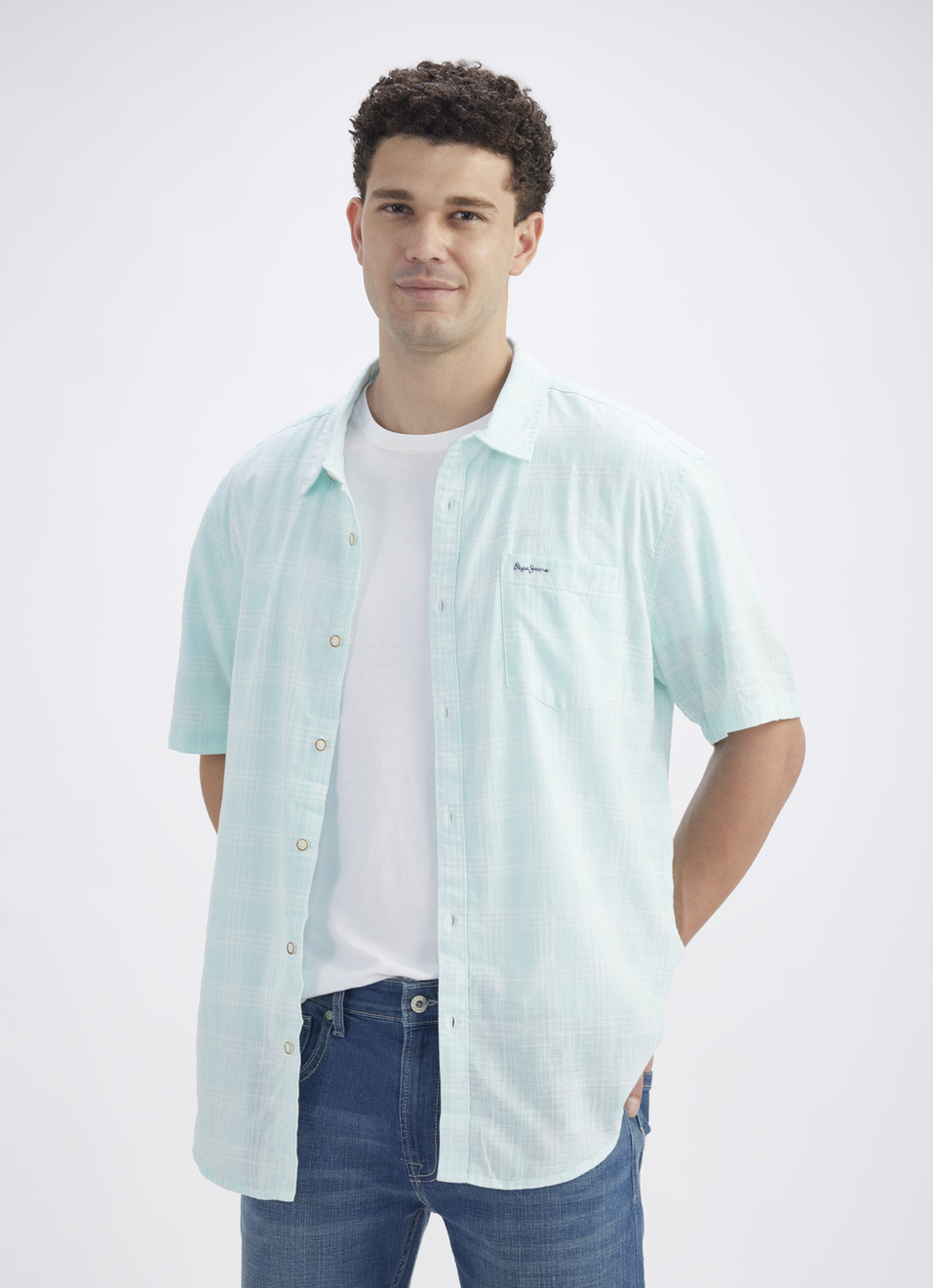 Men Blue Check Short Sleeve Shirt, , large image number 0