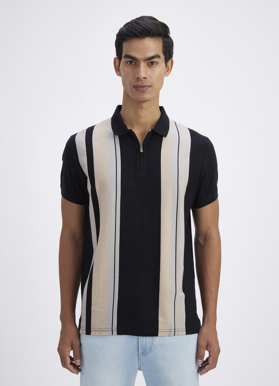Men Black All Over Stripe Short Sleeve Polo, , large image number 1