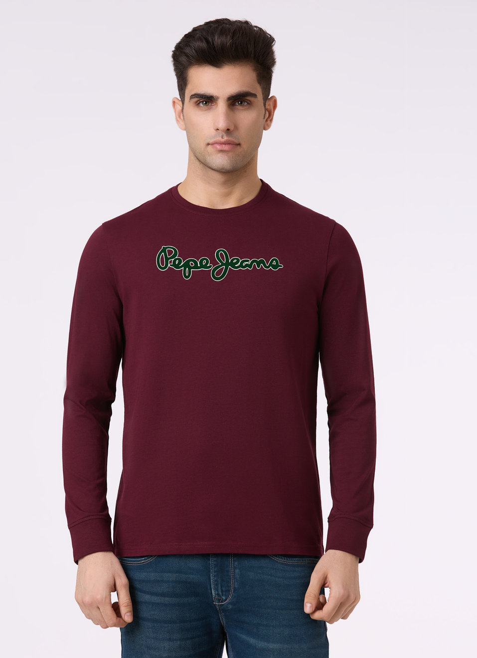 Men Burgundy Logo Print Full Sleeve T-shirt, , large image number 1