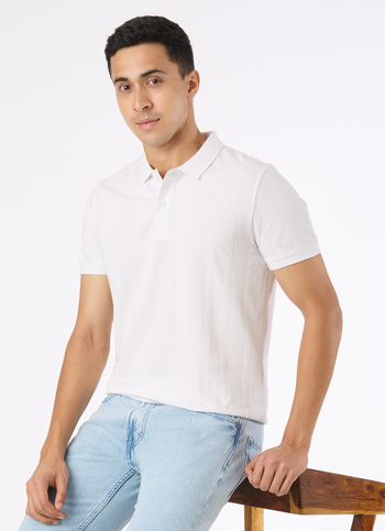 Men White Striped Polo Collar T-shirt