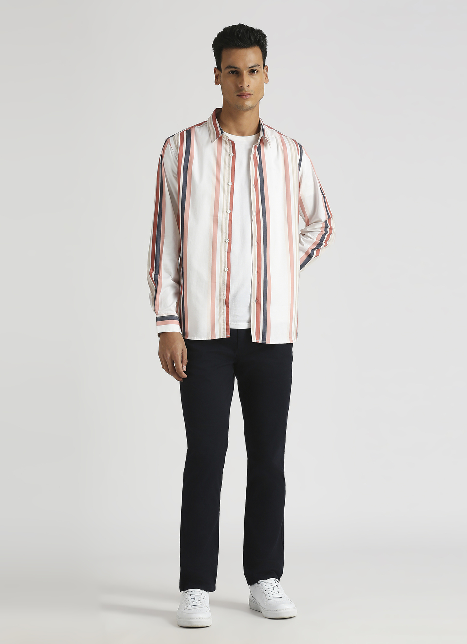 Peach Yarn Dyed Stripes Premium Stretch Long Sleeve Shirt, , large image number 5