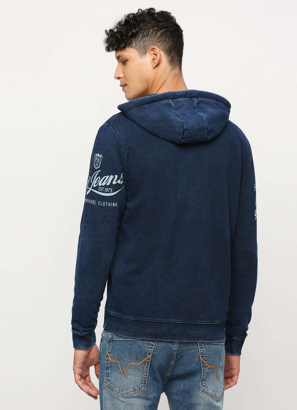 Indigo Zip Thru Printed Hooded Sweatshirt, , large image number 2