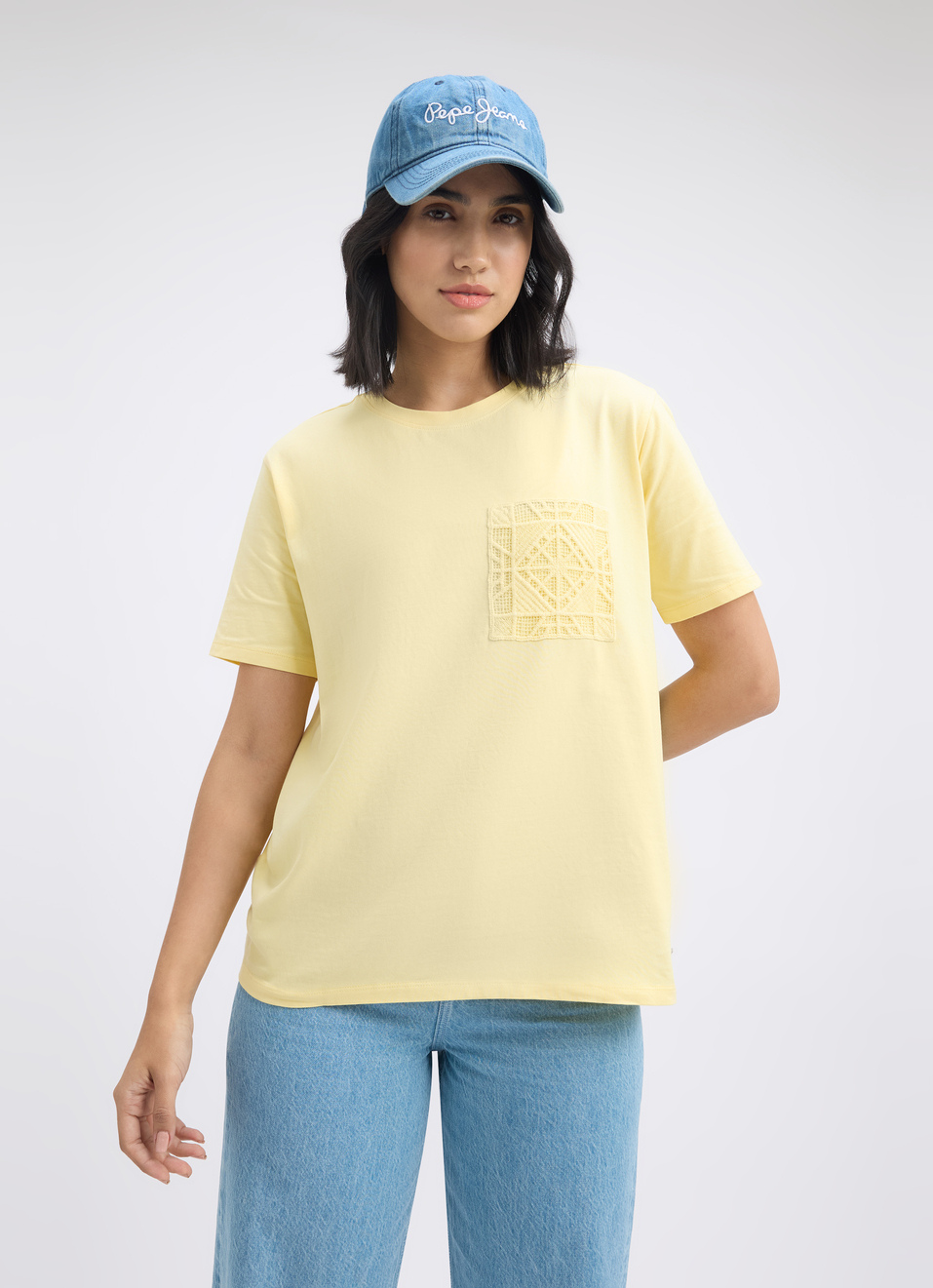 Women Yellow Crochet Short Sleeve T-shirt, , large image number 0