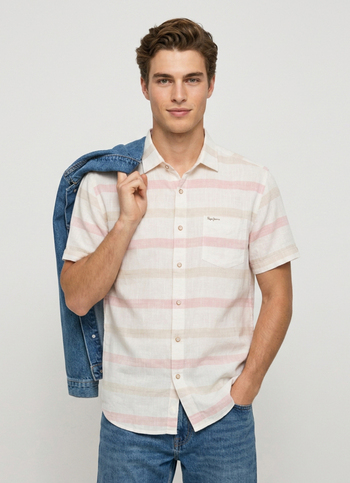 Men Peach Striped Short Sleeve Shirt