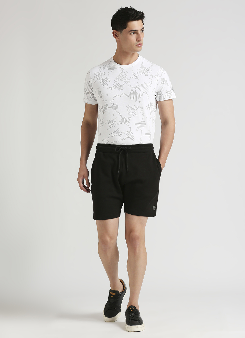 Black Cut And Sew Applique Mesh Shorts, , large image number 0