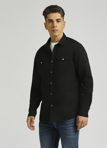 Black Solid Double Pocket Long Sleeve Shirt