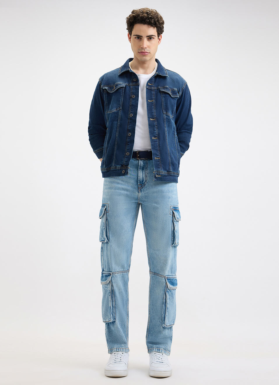 Men Blue Straight Fit Mid Rise Cargo Jeans, , large image number 1