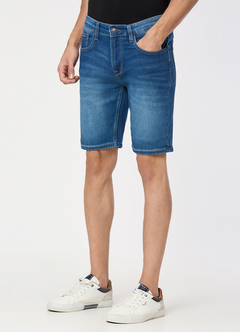 Men Blue Mid Rise Regular Fit Denim Shorts