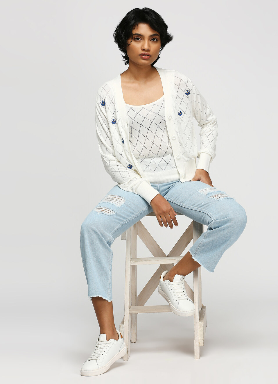 White Printed Sweater, , large image number 5