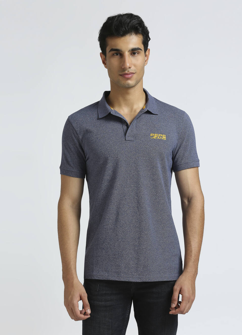 Blue Ribbed Collar Short Sleeve Polo, , large image number 1