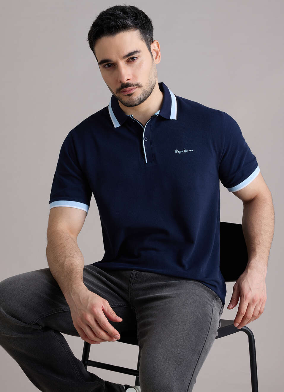 Men Navy Solid Polo Collar T-shirt, , large image number 0