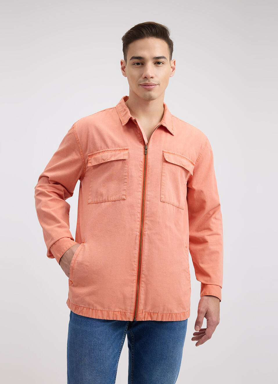 Men Orange Overdyed Oversized Zipper Shirt, , large image number 1