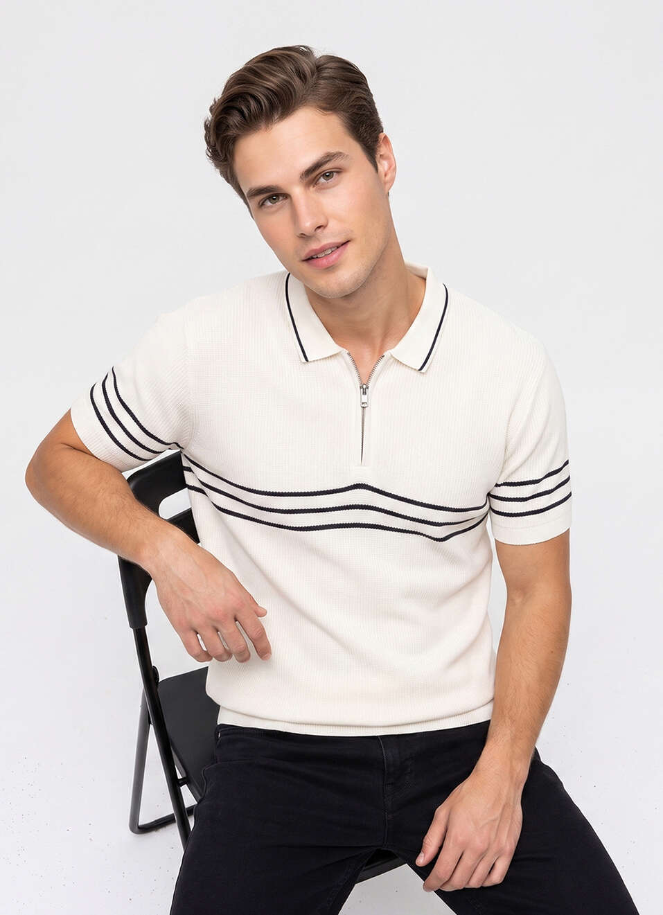 Men White Striped Flat Knit Polo Collar T-shirt, , large image number 0