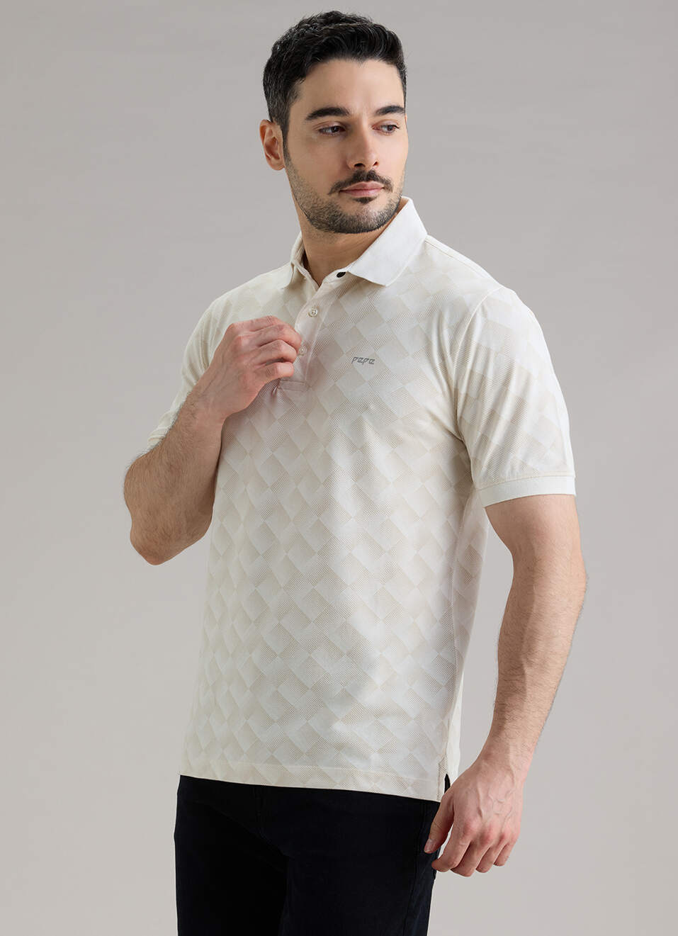 Men Ecru Printed Polo Collar T-shirt, , large image number 3