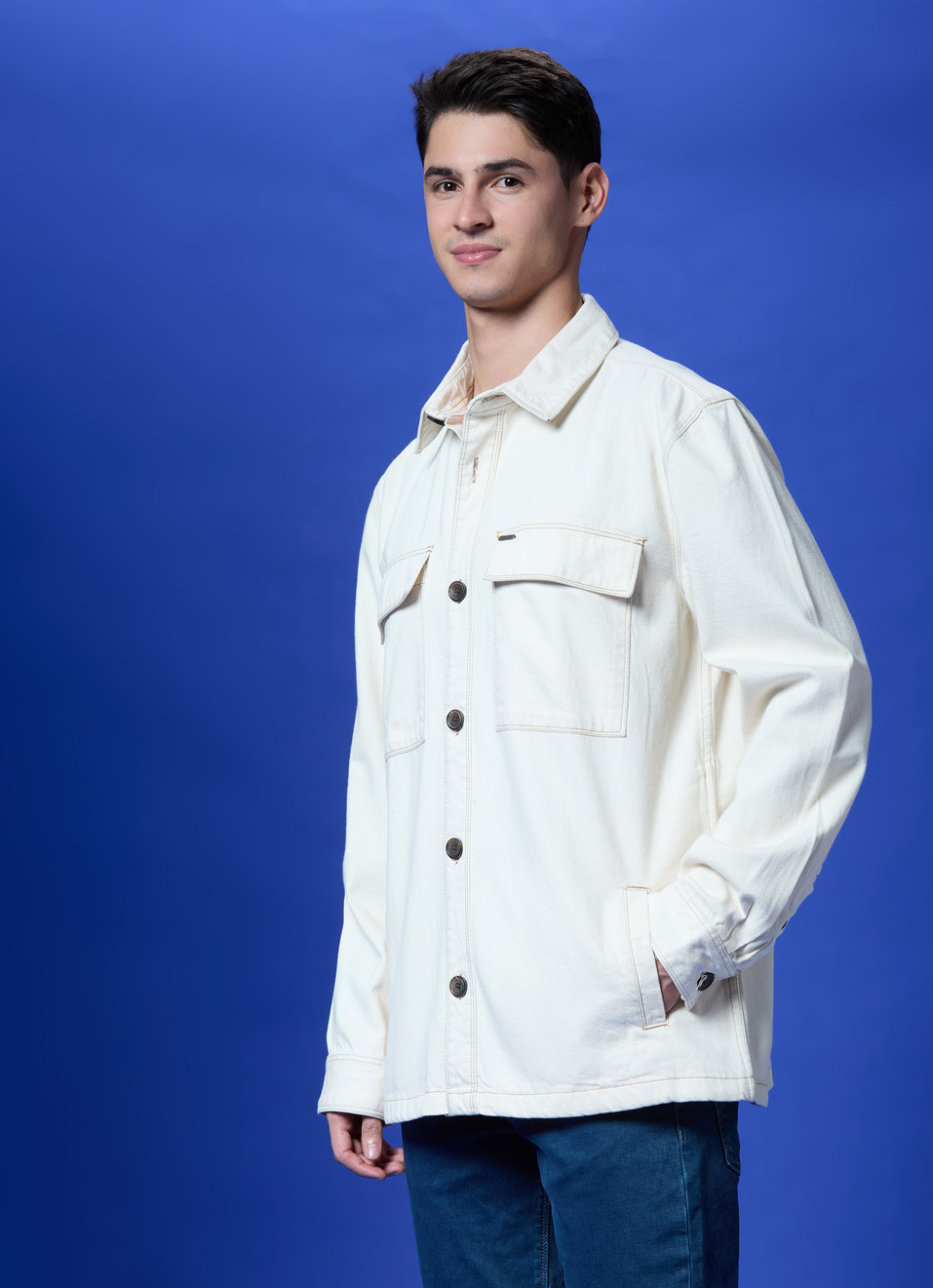 Ecru Cargo Pocket Full Sleeve Oversized Shirt, , large image number 3