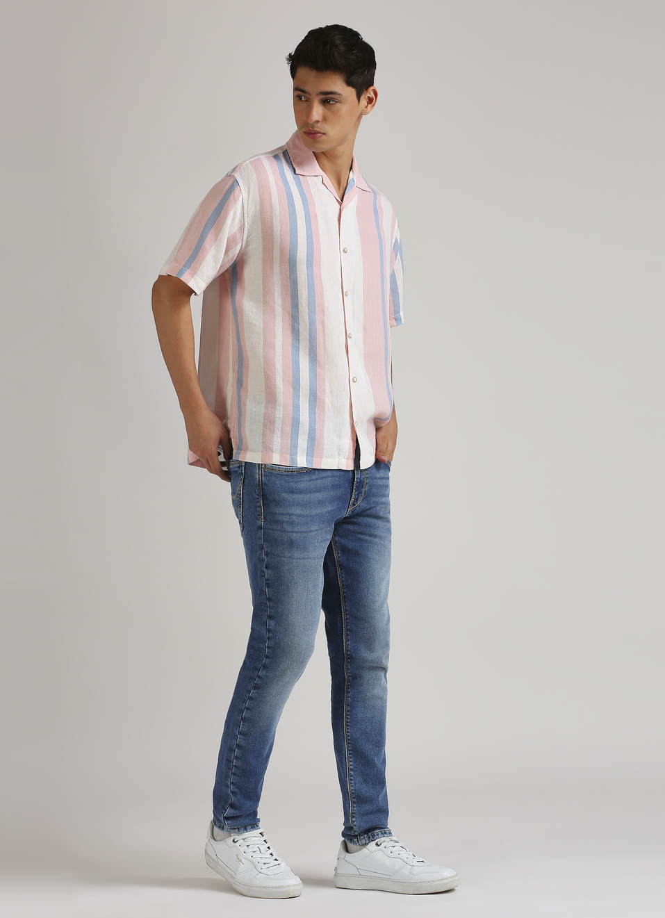Pink Stripes Resort Collar Linen Short Sleeve Shirt, , large image number 5
