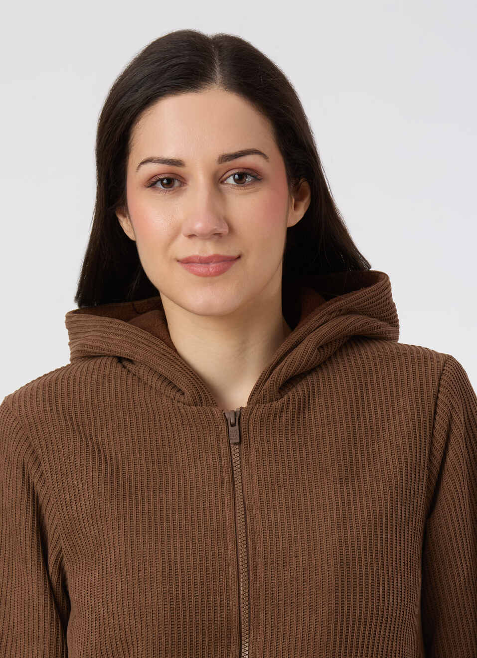 Women Brown Textured Hooded Zip Up Jacket, , large image number 4