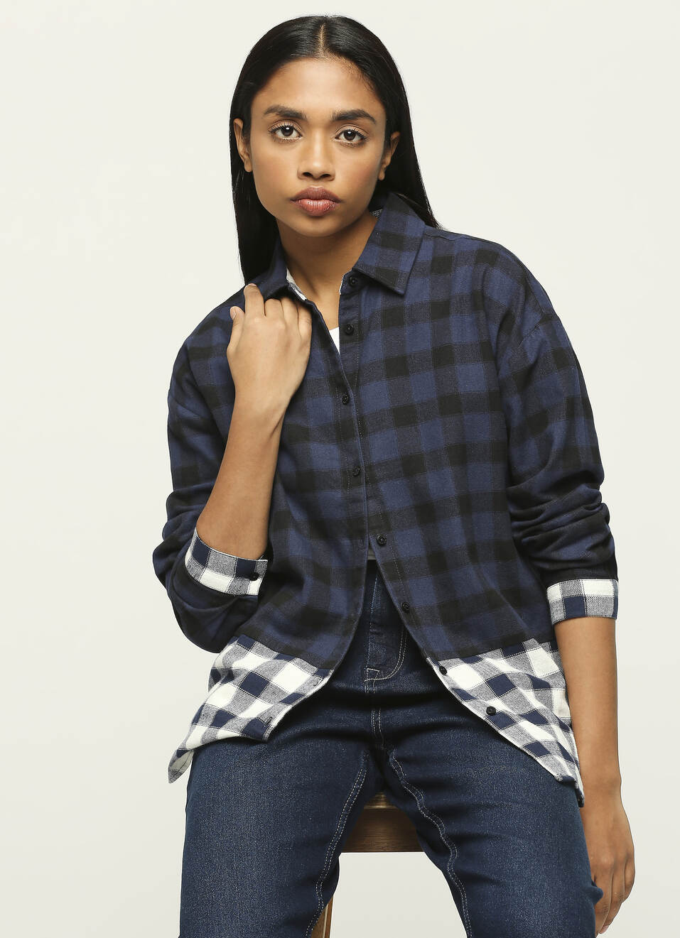 Navy Checks Colour Block Long Sleeve Shirt, , large image number 6