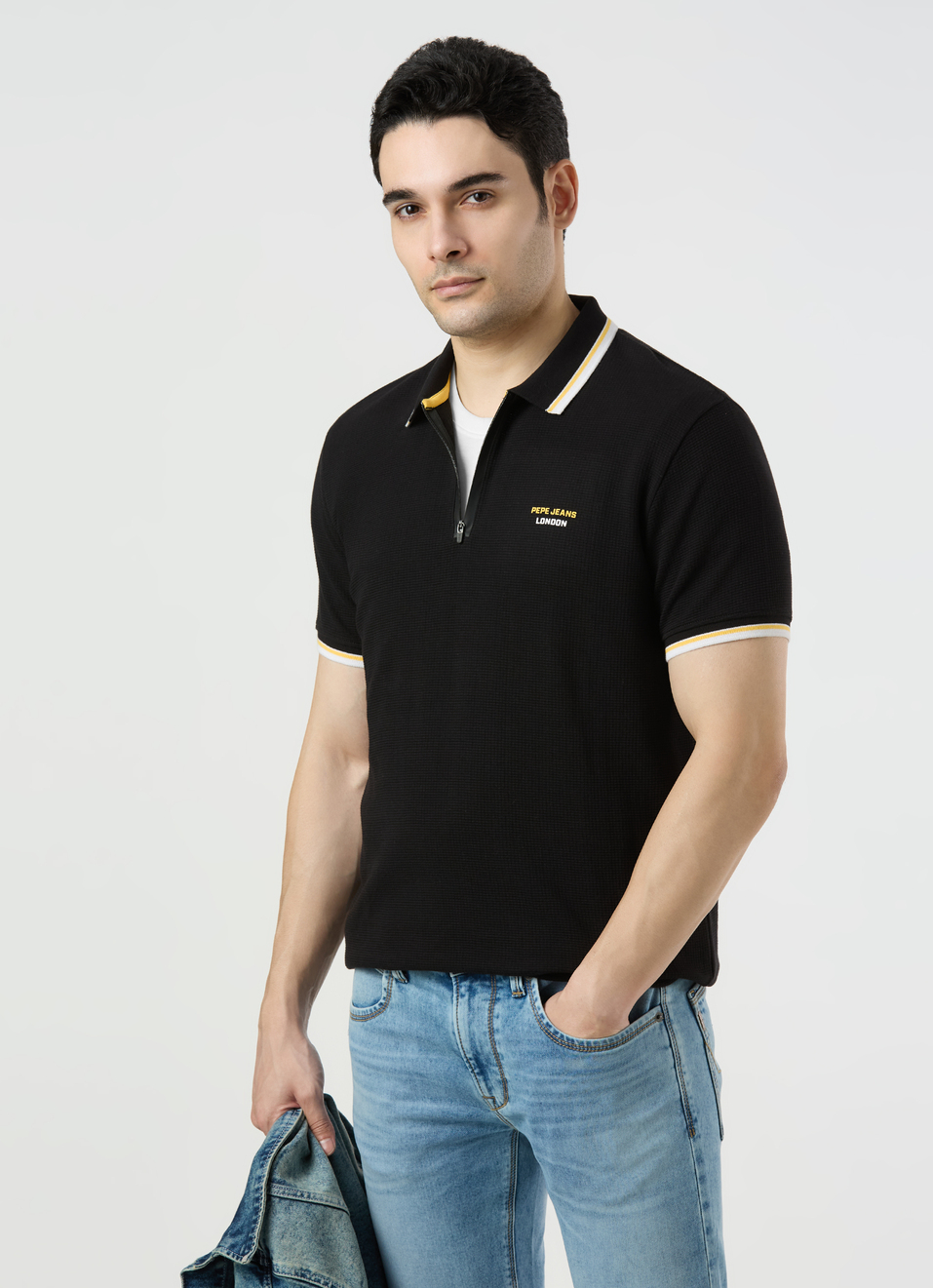 Men Black Zipper Polo Collar T-shirt, , large image number 0