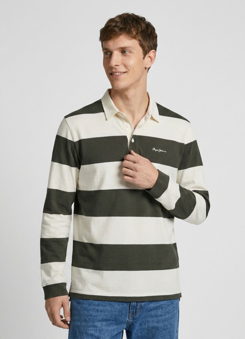 Men Olive Striped Rugby Polo Collar T-shirt, , large image number 1