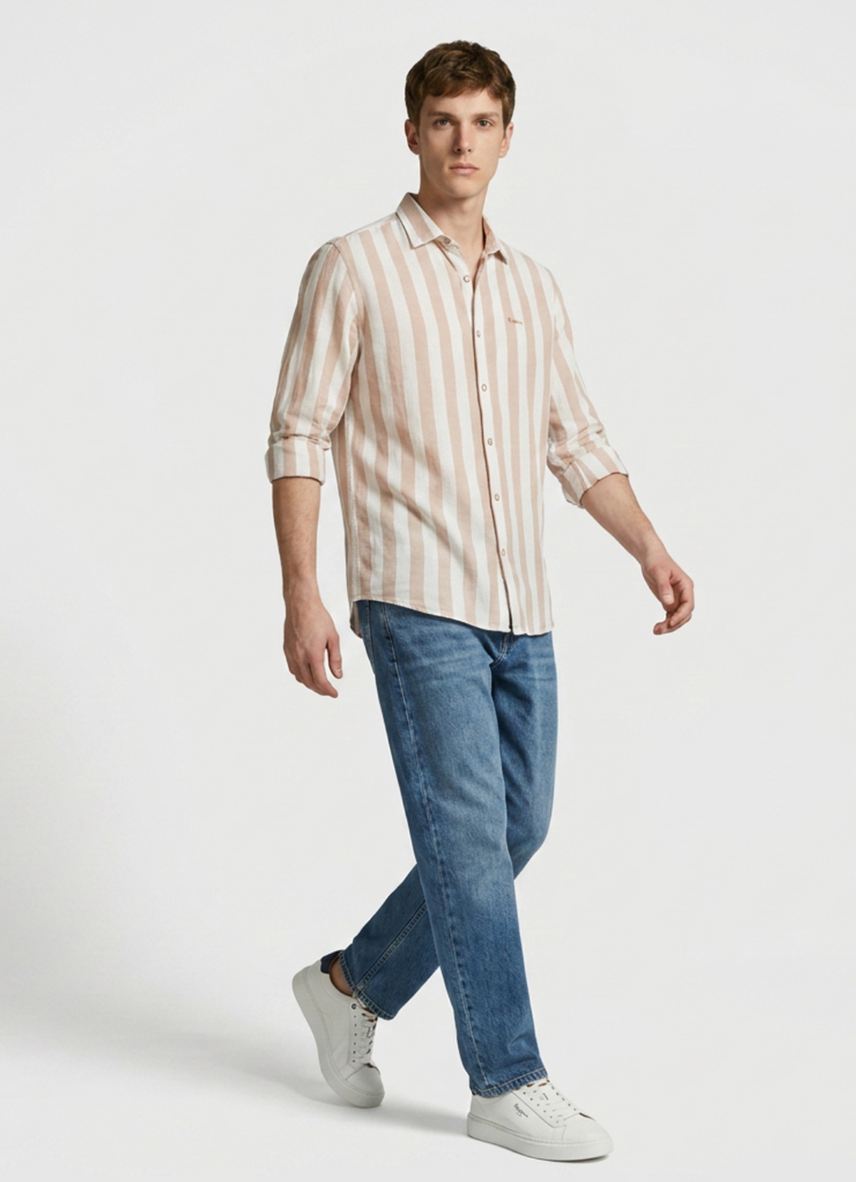 Men Peach Striped Dobby Long Sleeve Shirt, , large image number 5